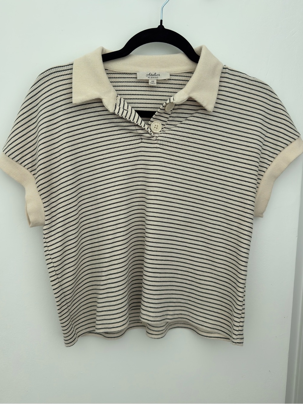 Cream Polo Top with Black Micro Stripes
